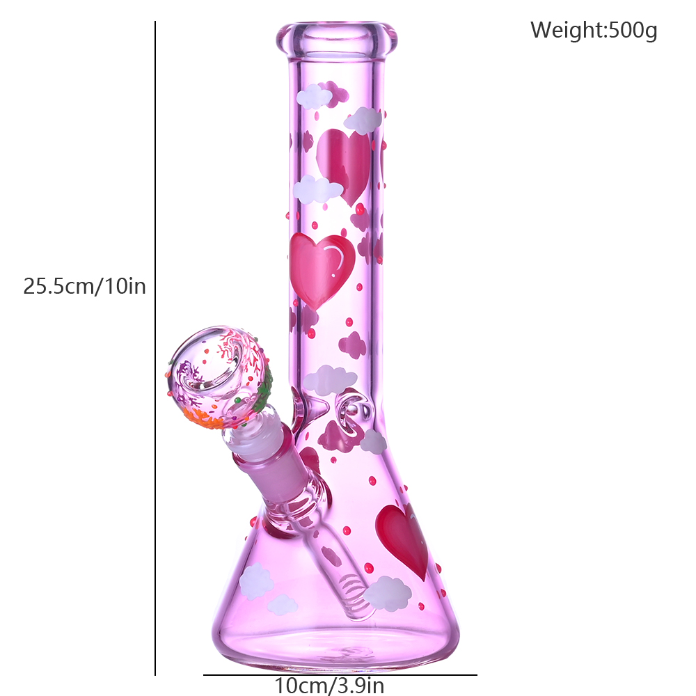 Glass Beaker Bong,Handdrawn Cartoon Love & Cloud Pattern,Glow In The Dark,Borosilicate Pink Glass Water Pipe,Glass Hookah,Valentine's Day Gift,Sm
