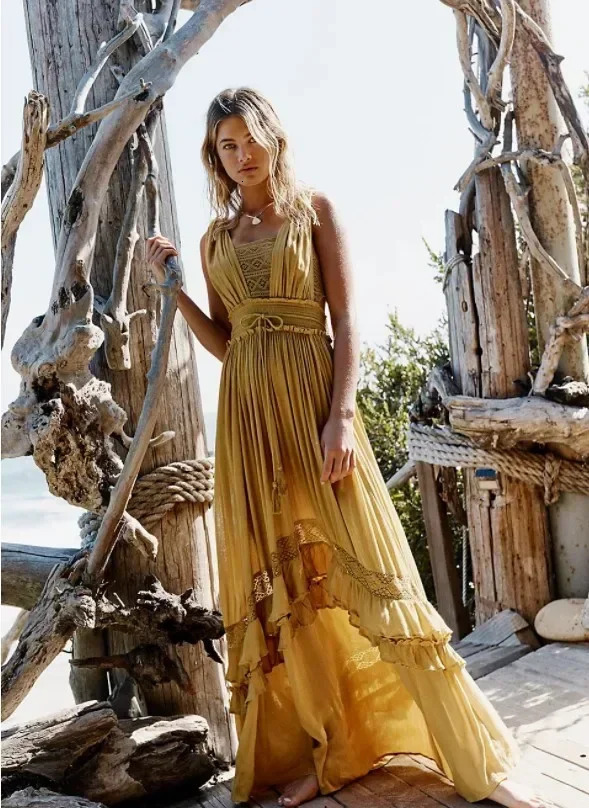 canwedance Summer Beach Dress Sleeveless Cotton Maxi Dresses Boho Style Solid Color Lace Ruffled Sundress Mujer Vestidos 240415