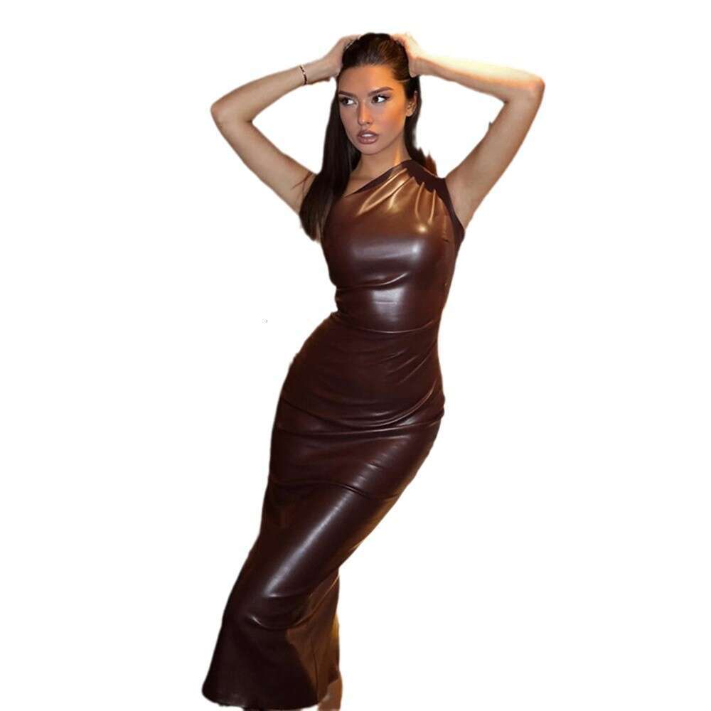 Women's 2025 tight fitting chest hing slng shoulder PU leather dress, sexy nightclub dress