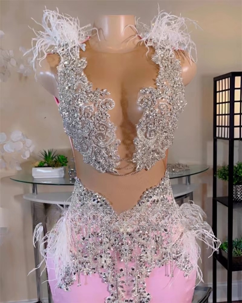 Pink Feather Long Prom Dresses Bead Crystal Appliques Birthday Dress 2025 O Neck Tassel Mermaid Formal Gown Customized