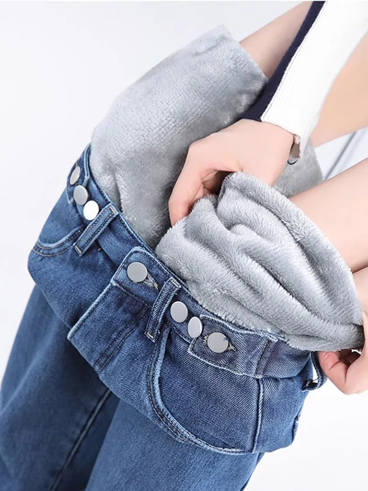 Winter wool lined pocket straight jeans womens warm plush velvet casual denim pants Korean streetwear thick wide leg Vaqueros 241122