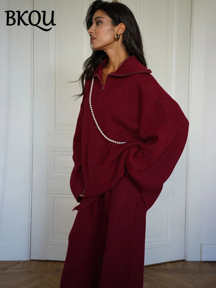 BKQU Fashion Solid Knitted Pants 2 Piece Set Women Casual Lapel Half Zip Pullover Sweater High Waist Wide Leg Ladies Suits 241129