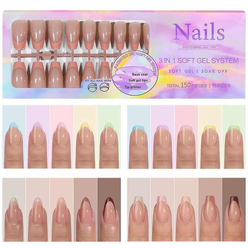 150Pcs/Box Acrylic Press on Nails Full Cover Fake False Tips Soft Gel Extension T-shaped Oval Capsule Almond Sculpted Salon DIYXJ241128