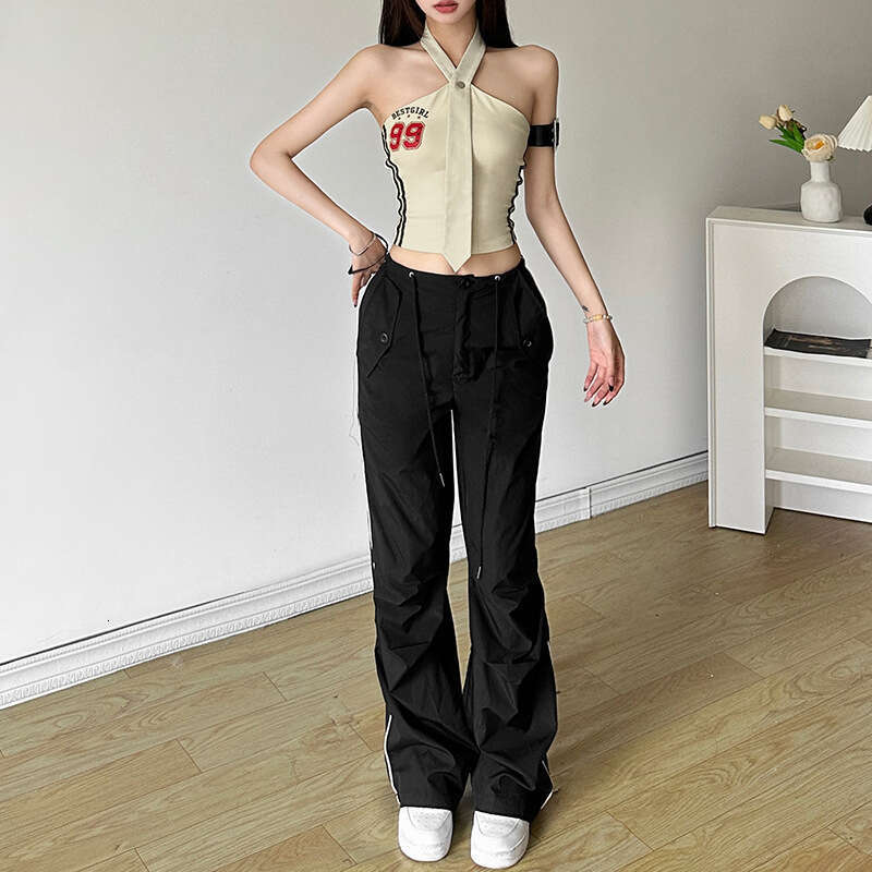Wind 2024 summer new women's tie design hanging neck letter print backless slim fit vest