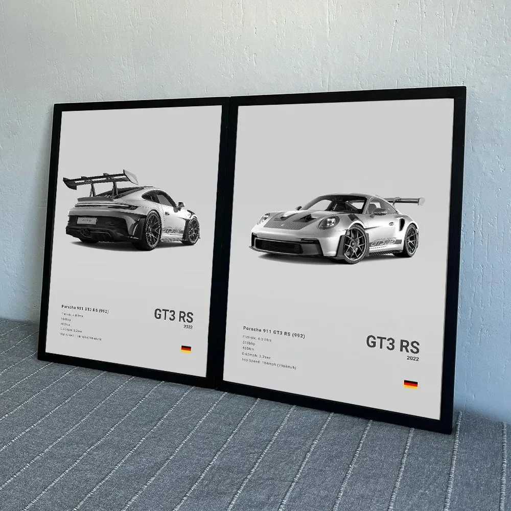 Fashion German luxury sports car 911 GT3 RS black and white canvas painting poster printing living room garage decoration picture W241128