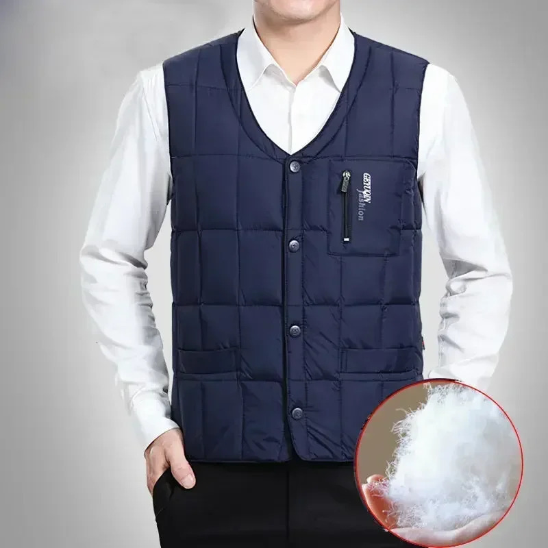Lightweight Duck Down Warm Vest for Men Winter Vneck Sleeveless Jacket Male Button Coat Fashion Casual Waistcoat 241129