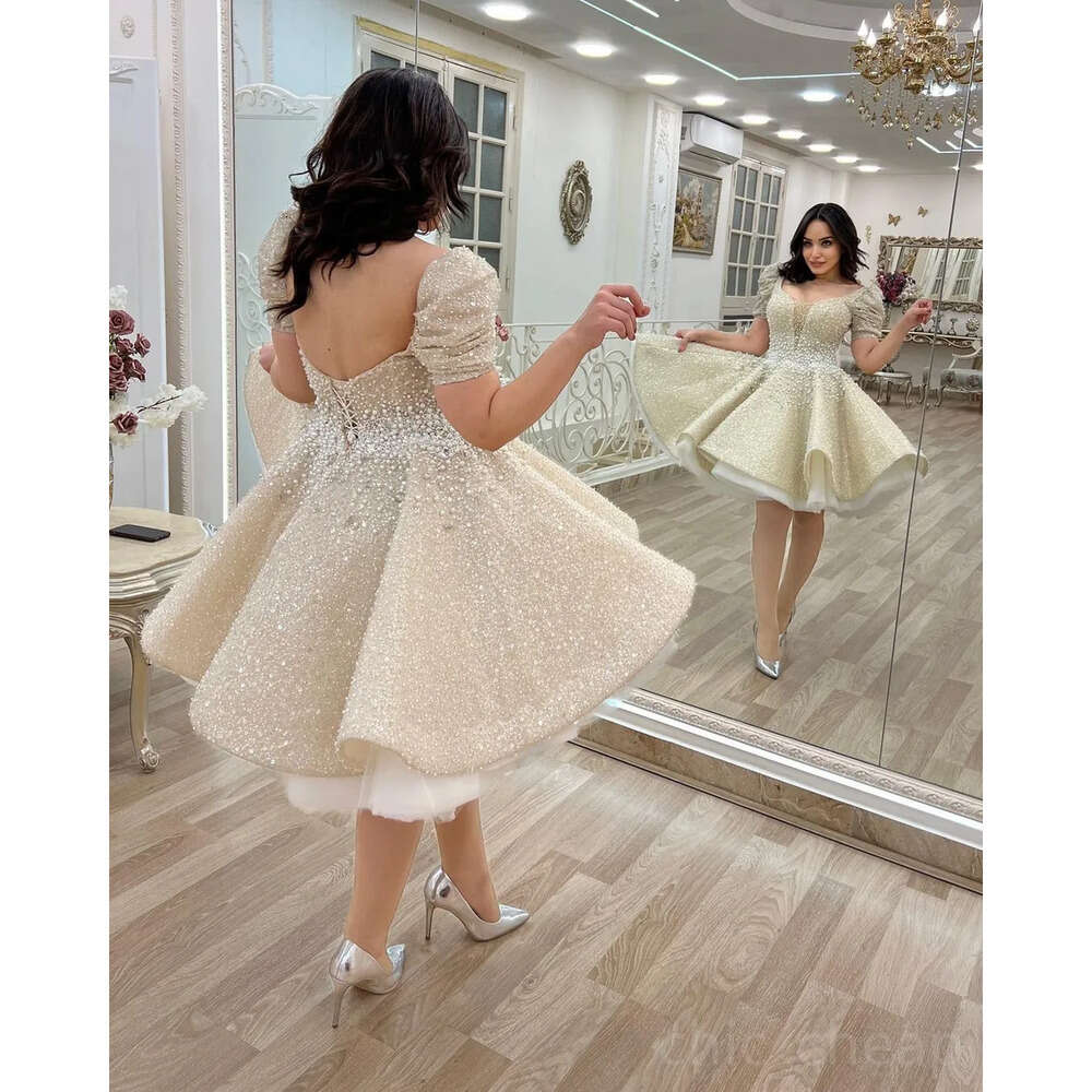 Ebi Arabic Beaded Crystals Aso Wedding Dress Sequined Lace A Line Short Summer Beach Bridal Gowns Dresses ZJ Es