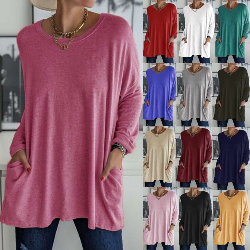 Spring Summer New European And American Round Neck Long Sleeved Loose Pocket Solid Color T-Shirt Casual Women's Fashion Trend Clothing Fashionabl