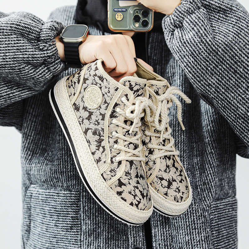 Autumn mens board shoes high top floral niche fashion trend lace up sports board shoes skateboard shoes mens shoes M241129