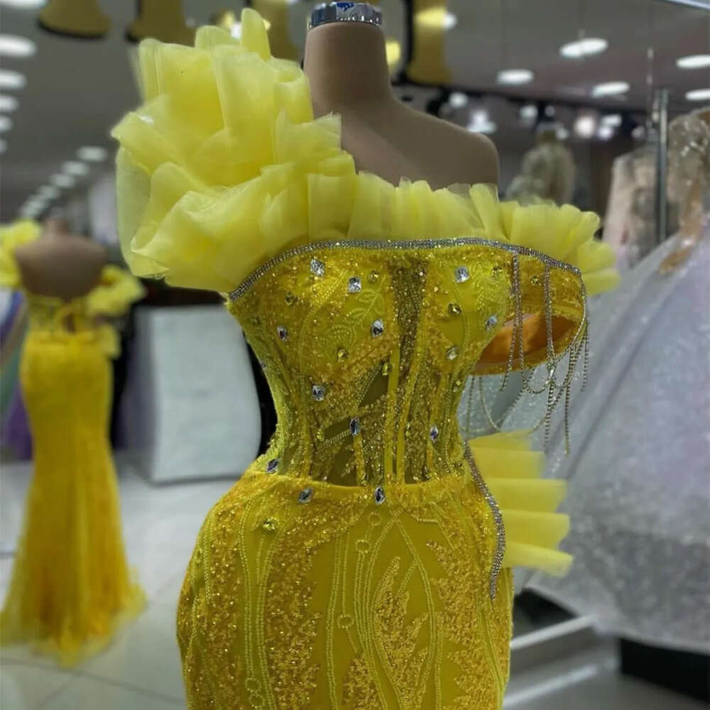 Mermaid Ebi Aso Yellow Prom Dress Crystals Sequined Lace Evening Formal Party Second Reception Birthday Engagement Gowns Dresses Robe De Soiree Zj Es 