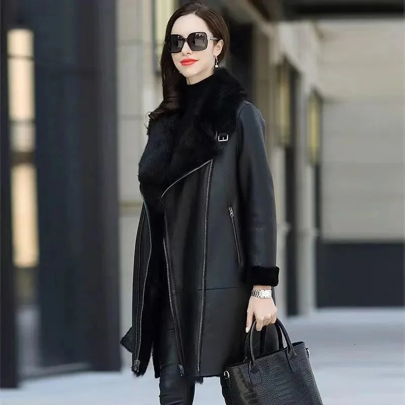Oversized 6XL Thicken PU leather Jacket Womens 2024 Winter Warm Faux Mink Fur Coat Female Loose Windproof Parka Long Overcoat 241129