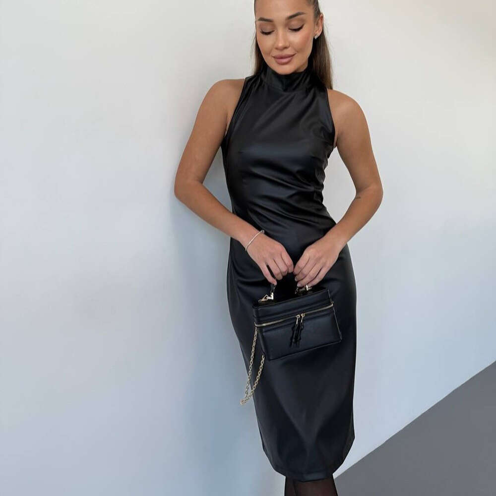 Women's 2024 sleeveless stand up collar temperament slit dress slim fit solid color PU leather skirt