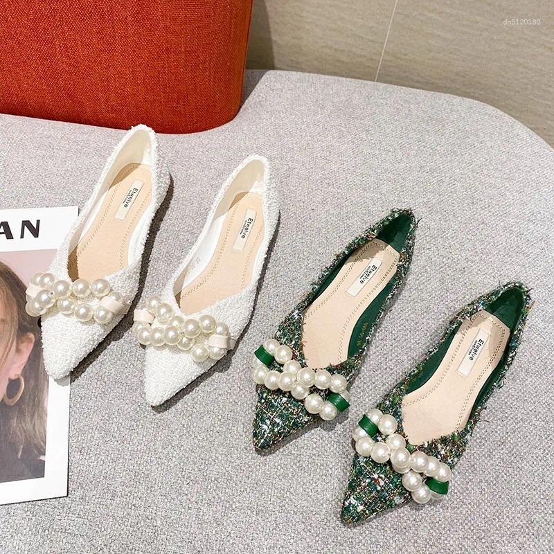 Casual Shoes 2024 Spring Summer Pointed Flat Women Green Pure White Flats With Big Pearls Unique Design Large Size