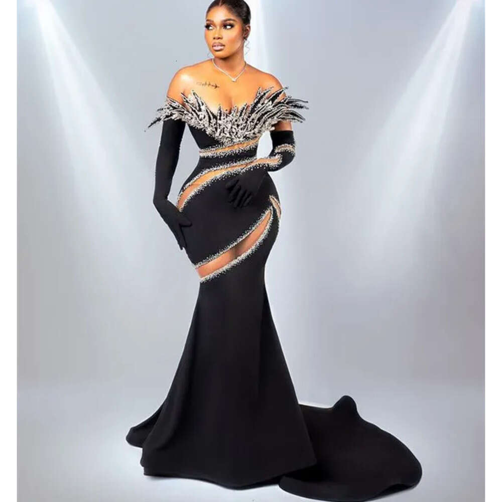 Black Mermaid Aso Ebi May Prom Dress Beaded Crystals Sexy Evening Formal Party Second Reception Birthday Engagement Gowns Dresses Robe De Soiree Zj Es