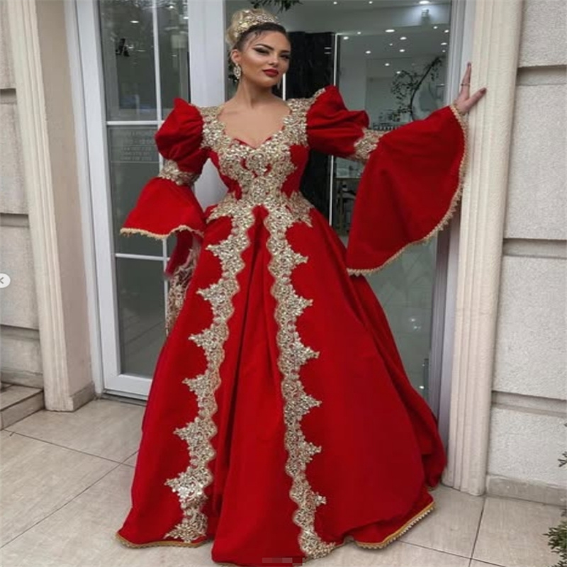 Arabian Kosovo Red Evening Dress Long Sleeve Muslim Arabic Dubai Prom Dress Gold Lace Abaya Morrocan Formal Party Gown Charming Robe De Mariage Vestio