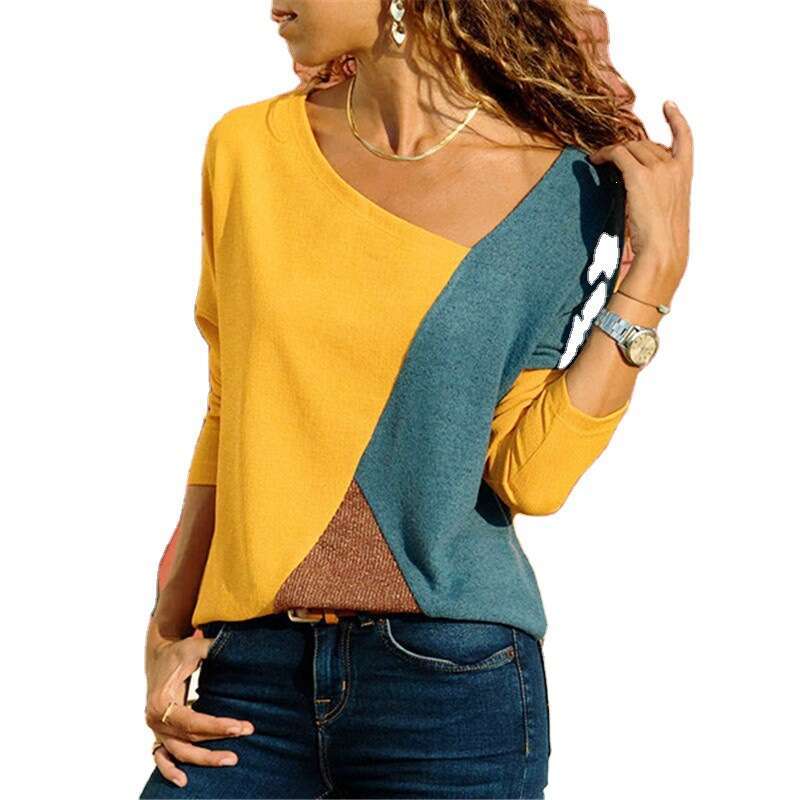 New Hot Splicing Color Blocking Round Neck Long Sleeved Casual T-Shirt For Women, Trendy Clothing, Fashionable Temperament B4