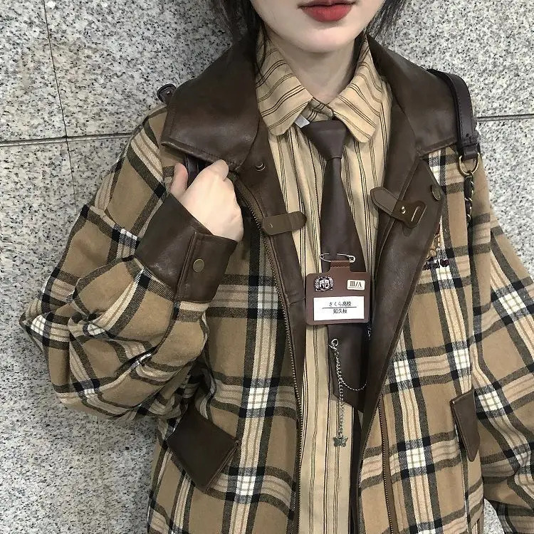 Korea Reversible Lattice Leather Jacket Women American Patchwork Loose Bomber Jackets Harajuku Vintage Zipper PU College Style 241129