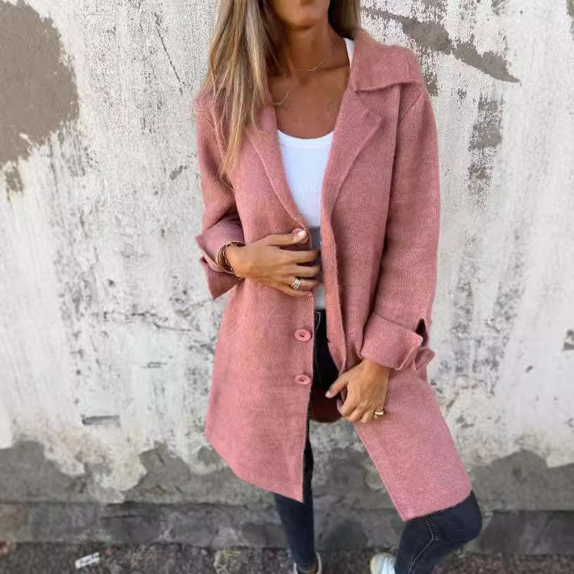 Autumn And Winter New Women's Solid Color Flip Tie Pocket Cardigan Single Breasted Mid Length Jacket Trendy Clothing Fashionable Casual Temperame