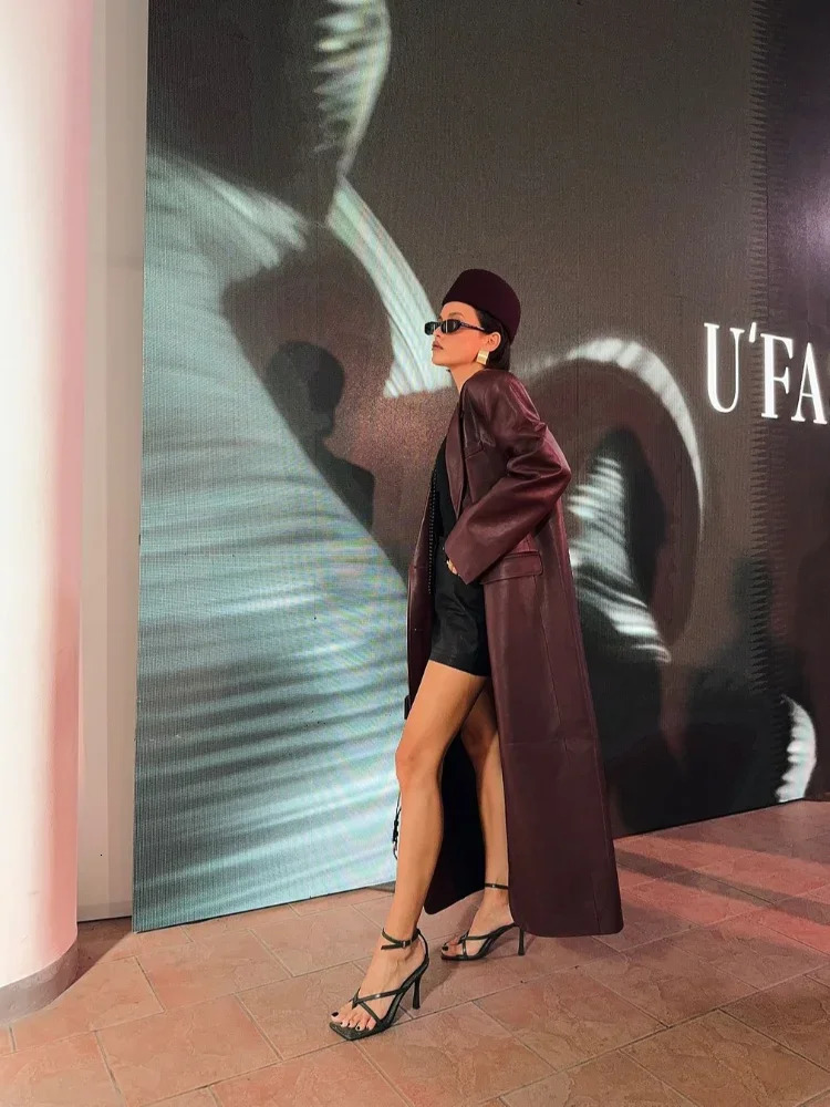 Fashion Vintage Burgundy Red Faux Leather Jacket Casual Padded Sleeve Oversized Overcoats Winter Lady Commute Street Outerwears 241129