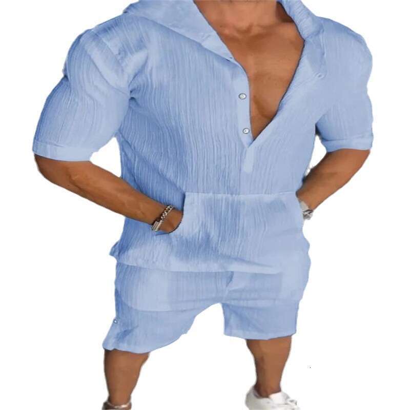 European And American Plus Size Casual Suit Men's Loose Short Sleeved Hooded Pocket Hoodie, Two Trendy Clothing Items With Fashionable Temperamen