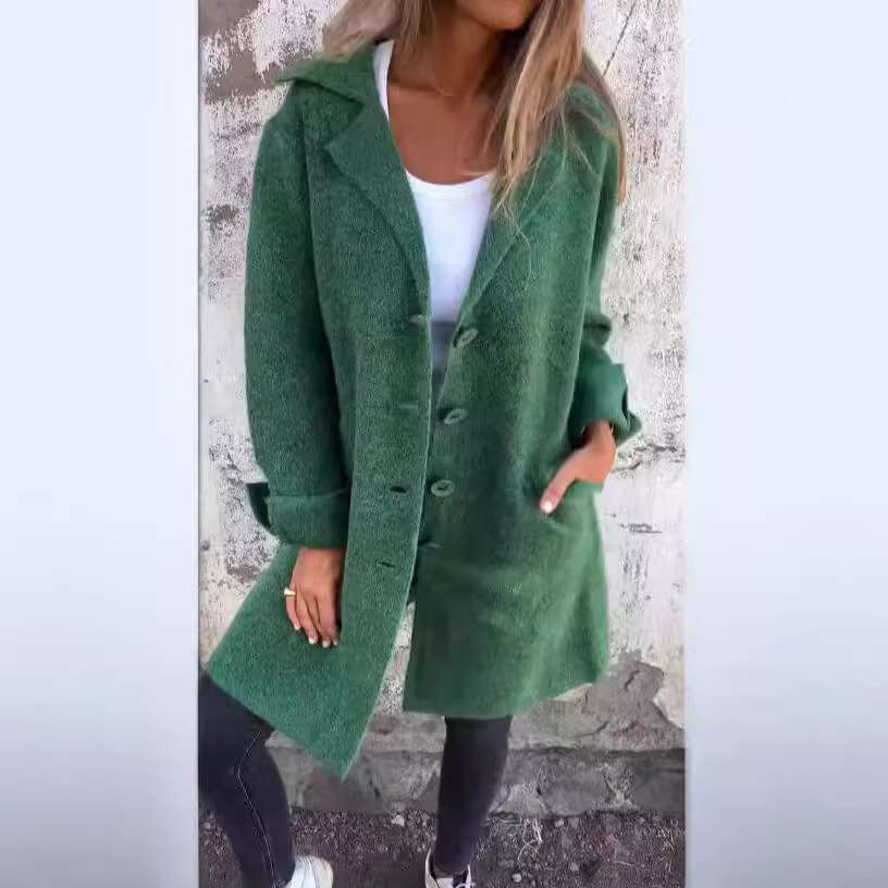 Autumn And Winter New Women's Solid Color Flip Tie Pocket Cardigan Single Breasted Mid Length Jacket Trendy Clothing Fashionable Casual Temperame