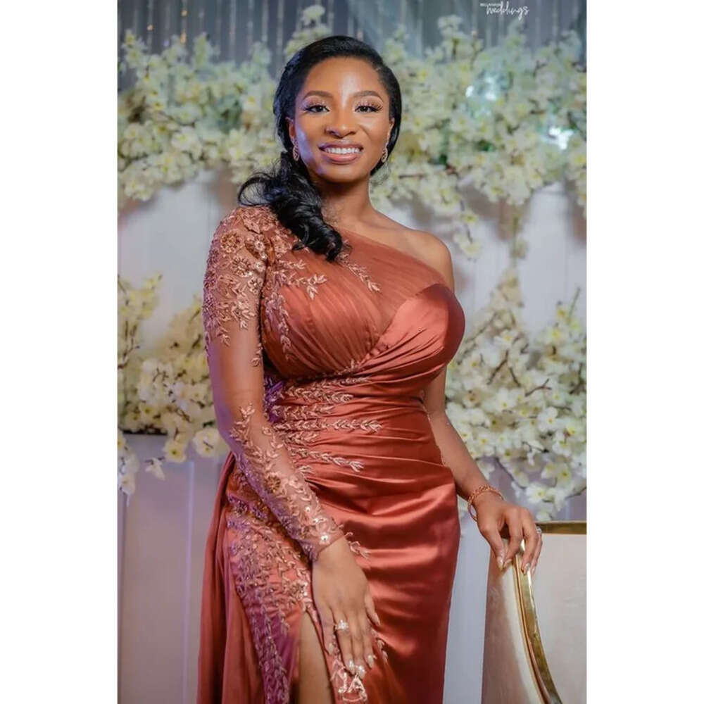 Size Arabic Plus Aso Ebi One Shoulder Mermaid Prom Dresses Lace Beaded High Split Evening Formal Party Second Reception Bridesmaid Gowns Dress Zj