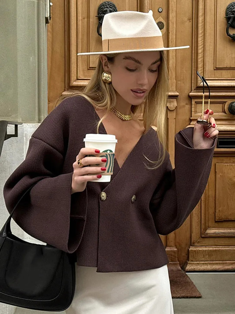 Fashion Brown V-neck Knitted Cardigan for Women Elegant Double Button Long Sleeve Sweater Autumn Womens Fashion Casual Knitted Cardigan 241127