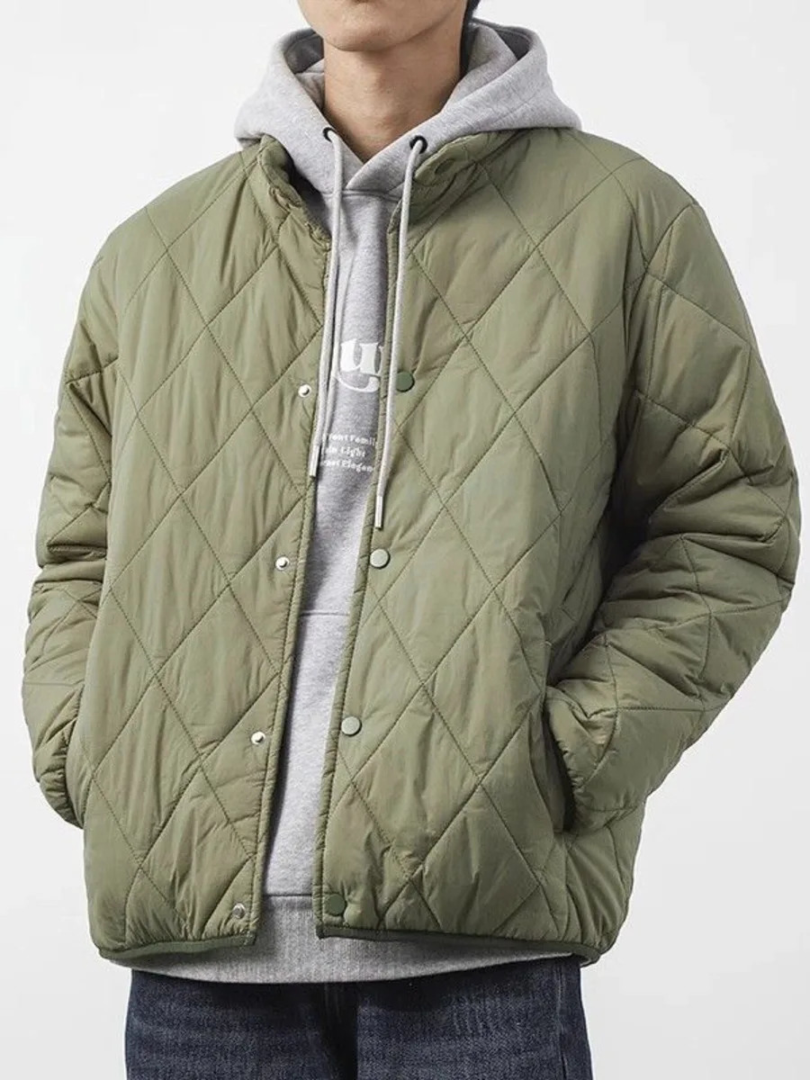 Standing Collar Cotton Quilting Jacket Coat Men Thick Winter Warm Cotton Diamond Grid Coat Lightweight Casual Jacket Outerwear 241126