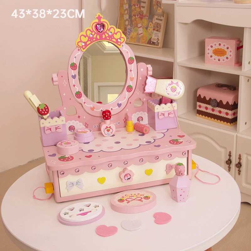 New childrens simulation wooden dress table girl toy play makeup set makeup table game house girl toy childrens gift X241128