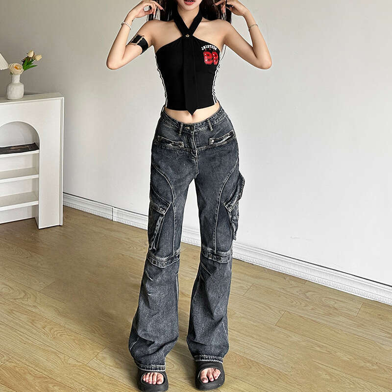 Wind 2024 summer new women's tie design hanging neck letter print backless slim fit vest