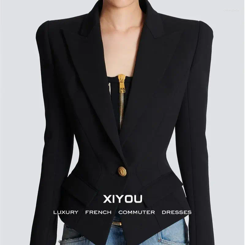 Womens Jackets Autumn Designer Fashion Golden Buttons Blazer Elegant Office Lady Notched Collar Slim Single Button Jacket Tops 411P