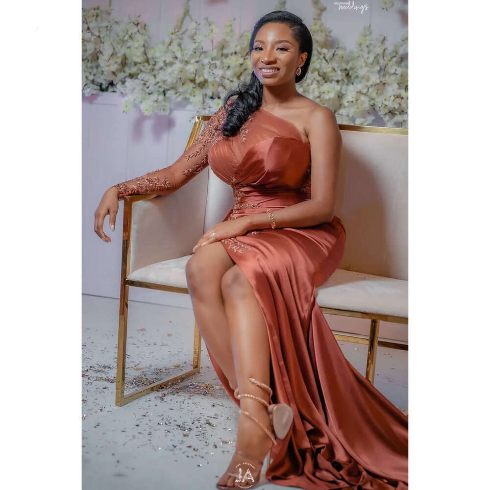 Size Arabic Plus Aso Ebi One Shoulder Mermaid Prom Dresses Lace Beaded High Split Evening Formal Party Second Reception Bridesmaid Gowns Dress Zj