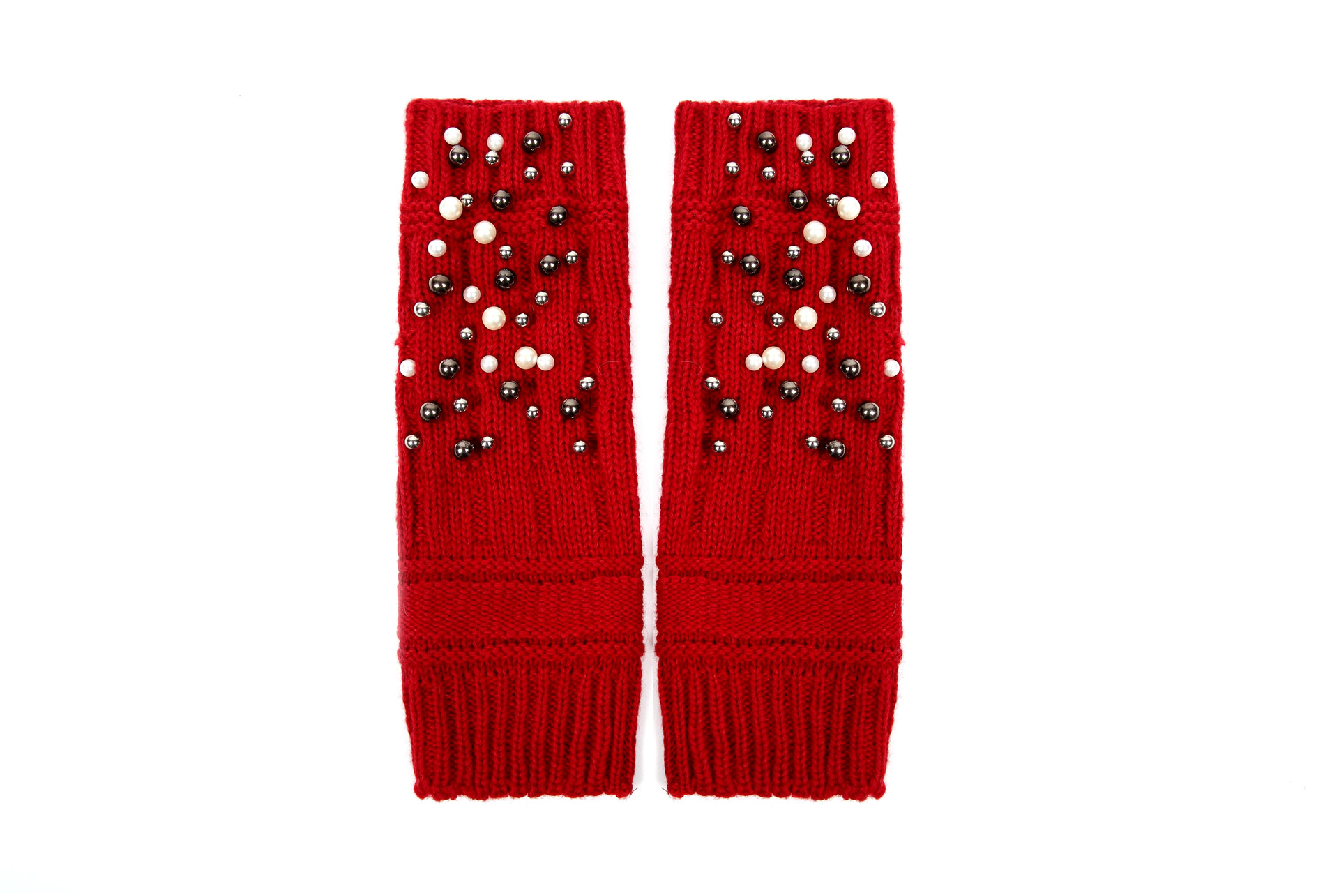 Autumn and winter new long tube split finger half finger gloves warm and thick monochrome half finger pearl women's knitted gloves