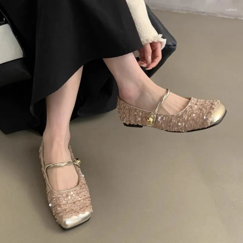 Casual Shoes Women's Costume Tweed Mary Janes Square Toe Designer Bg Ballet Flats For Woman Gold atos Mujer 1791N