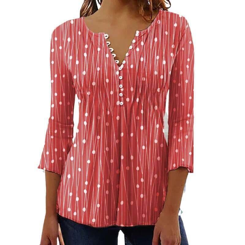 Spring European American V-Neck Printed Long Sleeved Shirt With A Base Women's Trendy Clothing, Fashionable And Casual Temperament B1