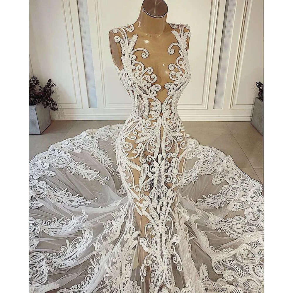 Aso Arabic Plus Size Ebi Vintage Sexy Lace See Through Mermaid Bridal Dresses Sheer Neck Wedding Gowns Zj