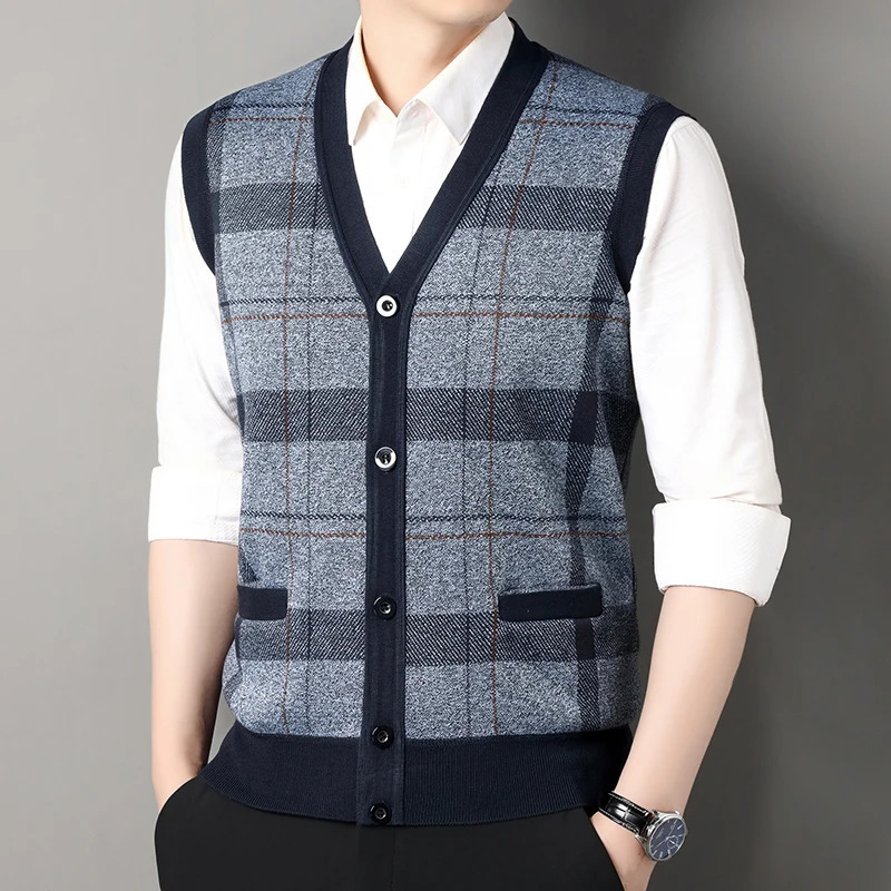 Mens Sweater Vest Casual Sleeveless Knit Jackets Men Fashion Plaid Vneck Cardigans Man Clothes Knitted Waistcoat 241129