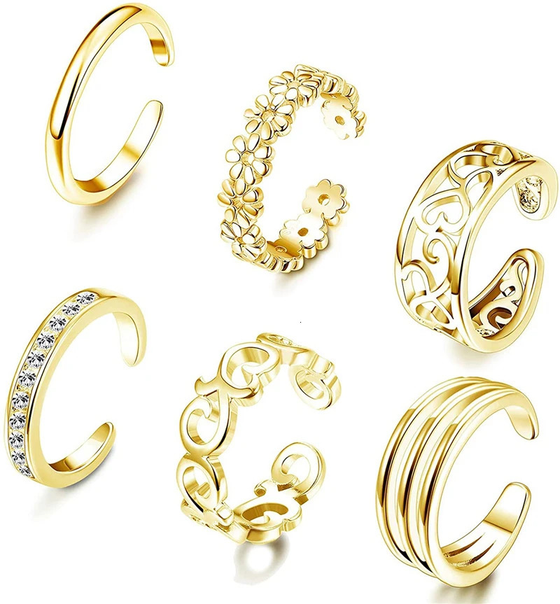 6Pcs Summer Beach Foot Jewelry Open Toe Rings for Women Adjustable Midi Finger Toe Band Ring Set Gifts White CZ 240426