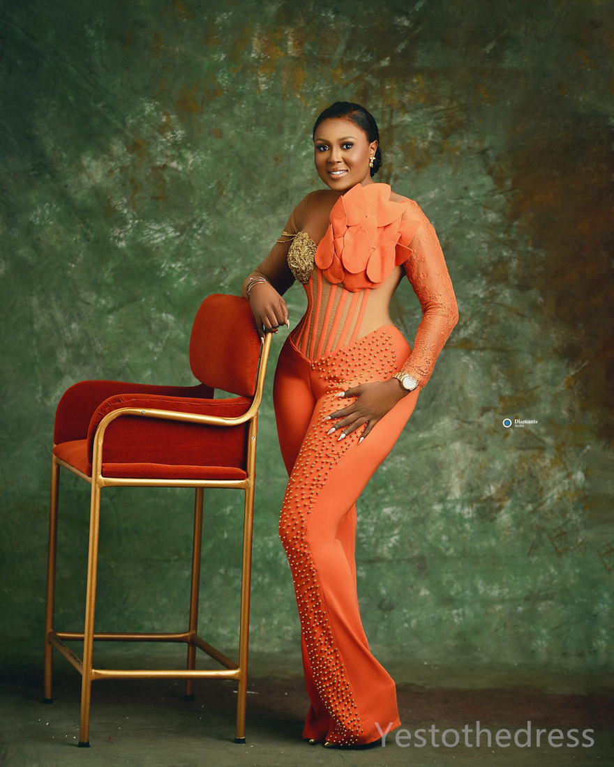 R&W Plus Size Orange Jumpsuits Promdress Prom Dresses for Special Ocns One-Piece Illusion Long Sleeves Gold Pearls Decorated Birthday Dress Reception 