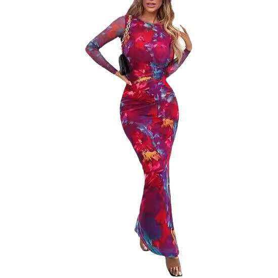 2024 Shein autumn new long sleeved ral print tight pleated sexy women's dress