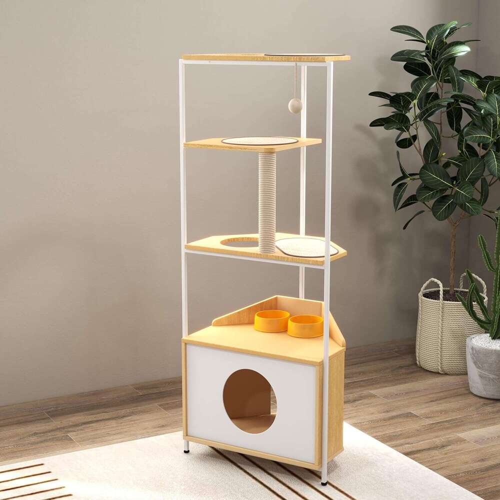 Corner Tower, Tree Scratching Post, Cat Condo With Feeding Station And Climbing Platforms, Pet Furniture For Indoor Cats
