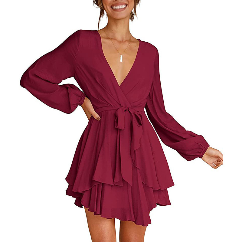 dress summer dresses for women Luxury fashion casual dresses women Deep V-neck long-sleeved dress with tie at waist and pleated mini skirt skater skir