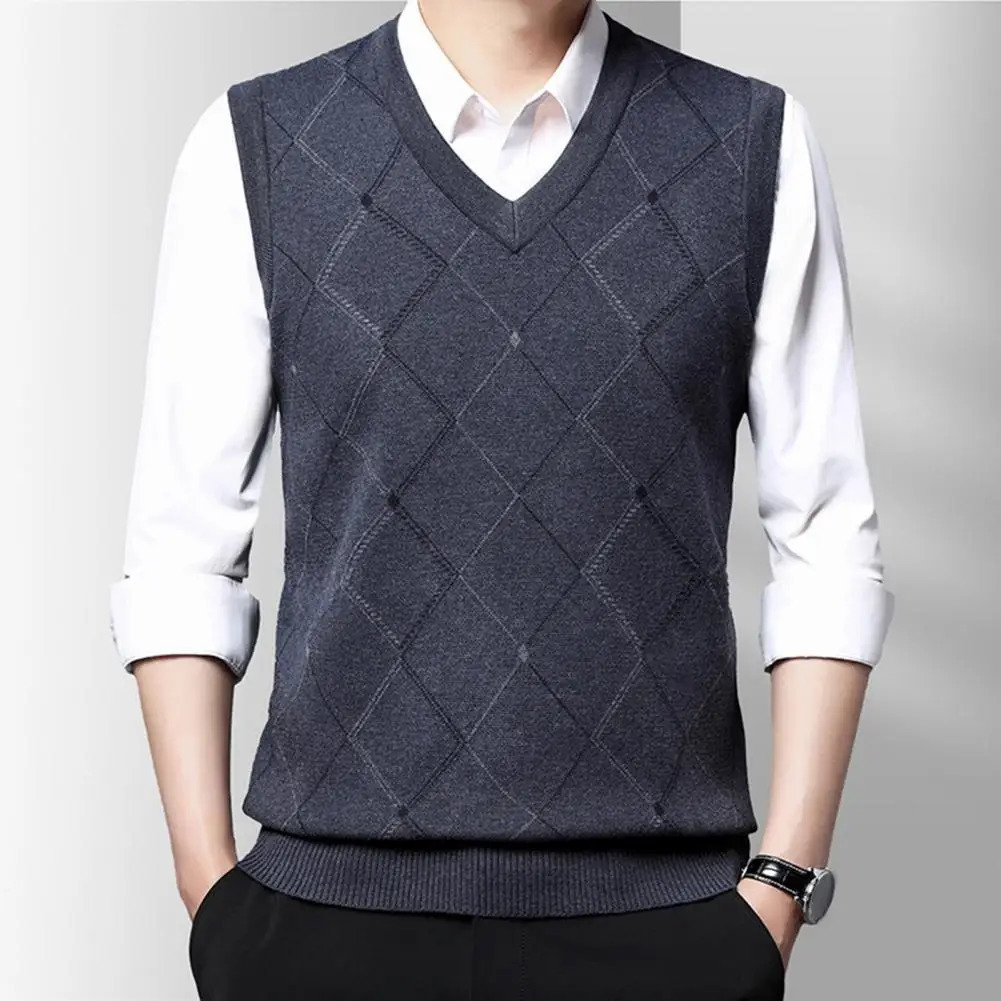 Geometric Rhombus Men Knitted Vest British style V Neck Solid Color Business Autumn Winter Warm WindprooMale Waistcoat 241129