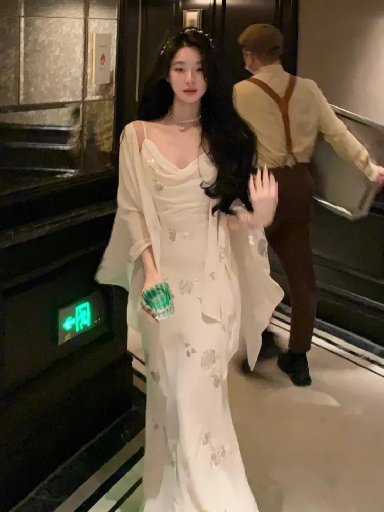 Fashion British Style Mermaid Dress 2 Piece Set Korean Sequin Cloak Pleated Skirt Suit Summer Women Party Clothes Outfits 241129