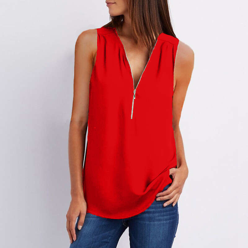 European And American V-Neck Zipper Sleeveless Loose Chiffon Vest 1 7 Color Trendy Clothing Fashion Casual Temperament B4