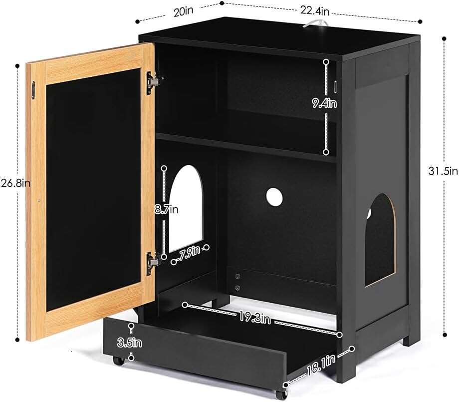 Furniture Corner Encloure Kitty End Table With Scratching Board Door And Pull-Out Box Board, Litter Cabinet Hidden Cat Wahroom Black