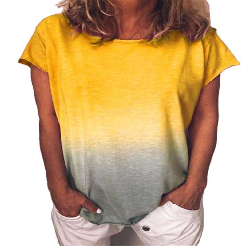 European And American Women's Summer Rainbow Gradient Print Round Neck Short Sleeved Loose T-Shirt Trendy Clothing Fashionable Casual Temperament