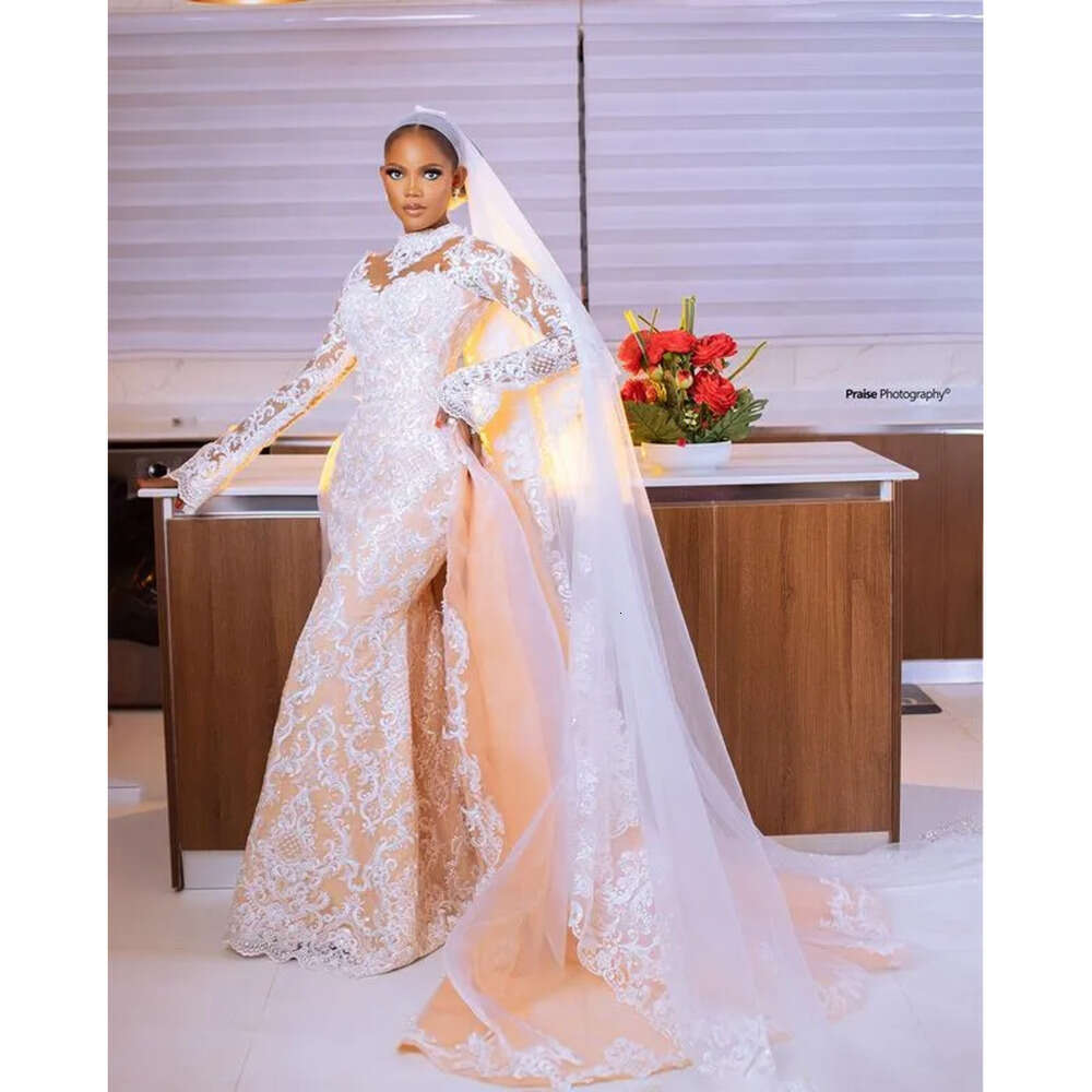 Arabic Aso Plus Oct Ebi Size Champagne Mermaid Wedding Dress Lace Detachable Train Bridal Gowns Dresses Zj Es
