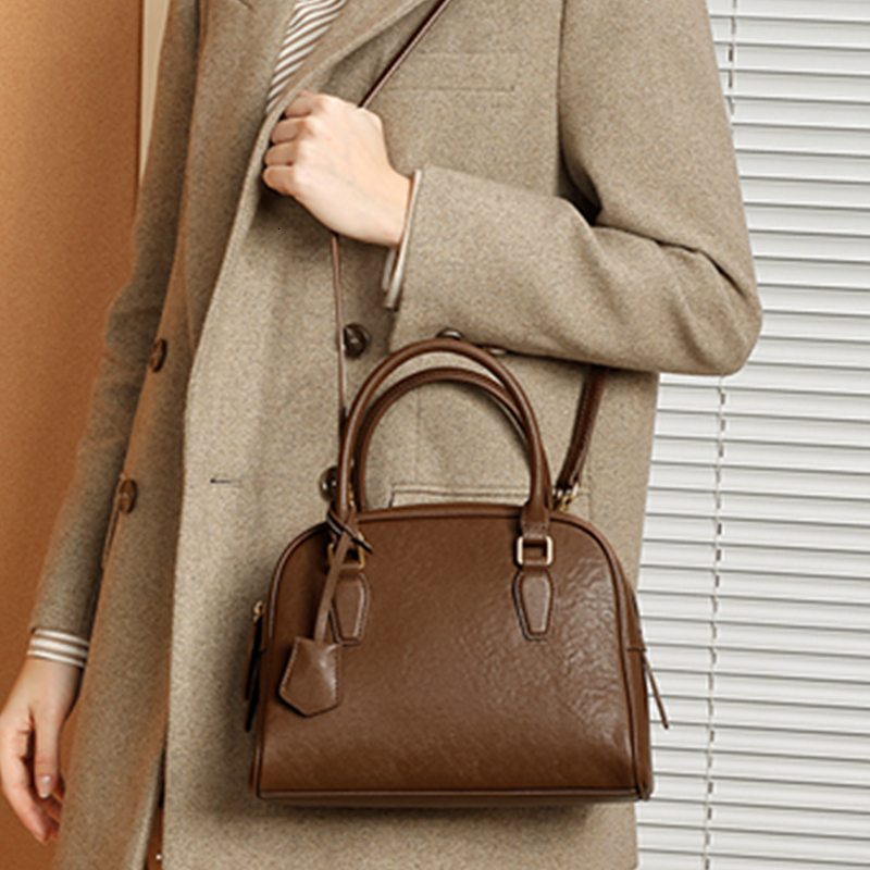 Toptrends Real Genuine Leather Bowg Tote Handbags For Women 2024 Designer Shell Purses Ladies Shoulder Crossbody Bags