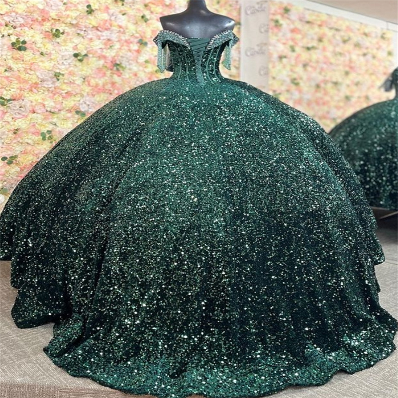 Shiny Green Sequin Quinceanera Dresses Charro Off Shoulders Tassle Beaded Vestidos 15 Anos Quinceanera Shine Pageant Birthday Party Gowns Tassel Elega
